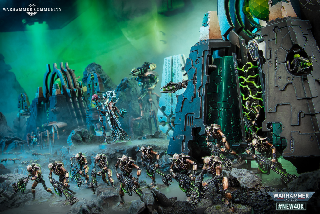 Armored soldiers march across a rocky battlefield toward a glowing, futuristic fortress.
