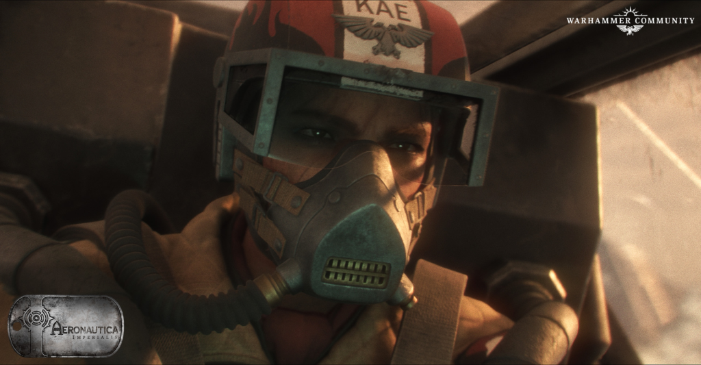Close-up of a pilot wearing a vintage-style respirator mask and metal helmet, looking ahead inside a cockpit.