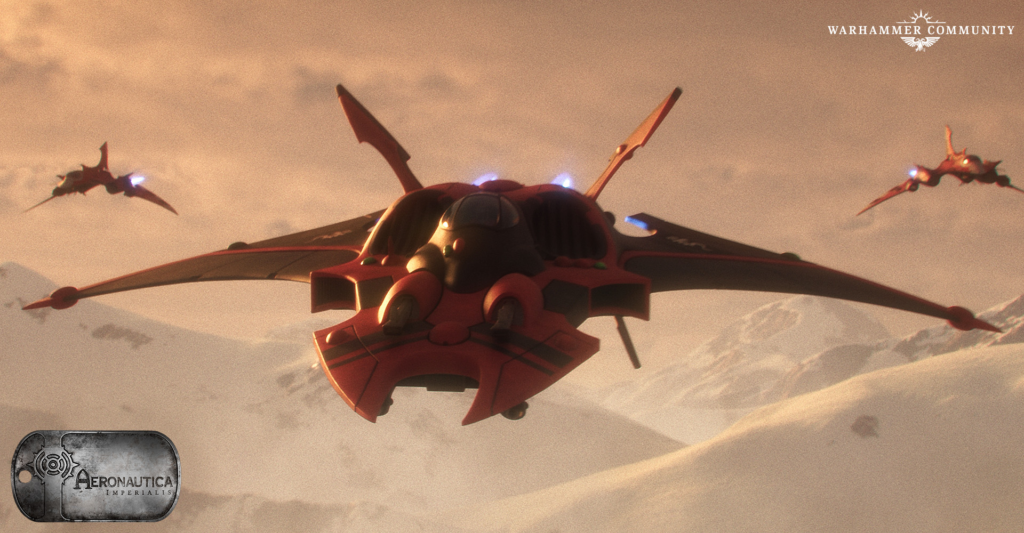 Red futuristic aircraft soaring over a snowy mountain landscape with two smaller craft in the distance; Warhammer Community logo top-right.