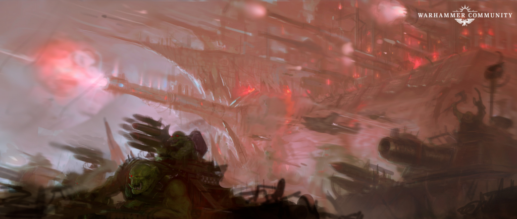 Chaotic battle scene with orc warriors charging amid red smoke and exploding debris, Warhammer imagery in the background.