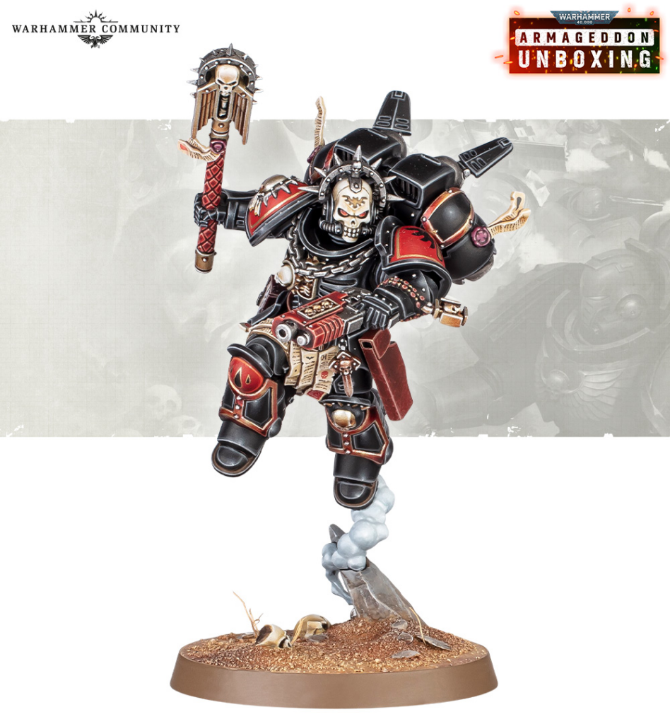 Chaos Space Marine figurine in black and red armor, leaping forward with a skull-faced helm, on a rocky base