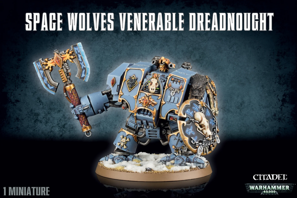 Space Wolves Venerable Dreadnought miniature in blue armor with ornate gold trim and a large double-headed axe, on a snowy base.