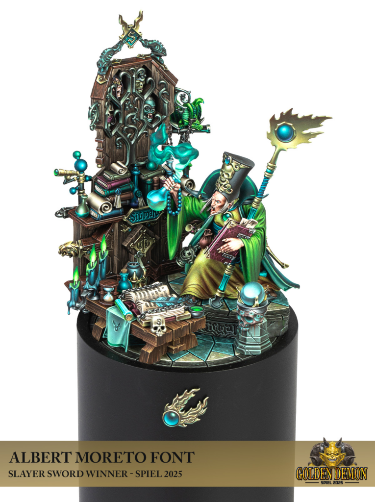 Detailed fantasy wizard diorama: an elderly sage in green robes sits at a cluttered desk with books, tomes, and magical tools, a coffin-like cabinet behind him.