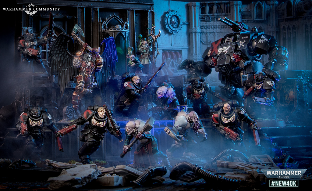 Warhammer 40,000 battle scene: space marines fight chaos cultists in a ruined city with a large armored vehicle on the right.