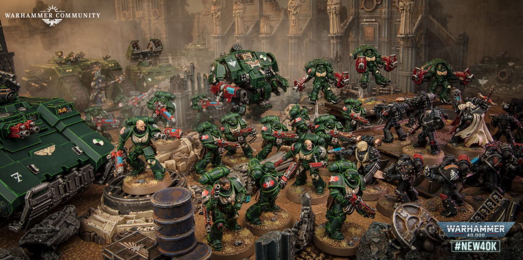 Epic Warhammer 40,000 battle scene with dense green Space Marines and enemy forces clashing amid a ruined fortress, tanks and debris visible.", "Dense tabletop battle: numerous green-armored Marines fire red rifles while a larger armored vehicle advances in a war-torn plaza.", "Warhammer Community image showing a crowded battle between Space Marines and enemy forces on a ruined city table, with model figures and tanks.", "Action-packed Warhammer 40K diorama featuring dozens of green Space Marines engaging nearby a hulking walker amid banners and ruins.", "Close-quarters sci-fi battle scene from a Warhammer 40K game, with green power-armored Marines, opposing troops, and armored transports."