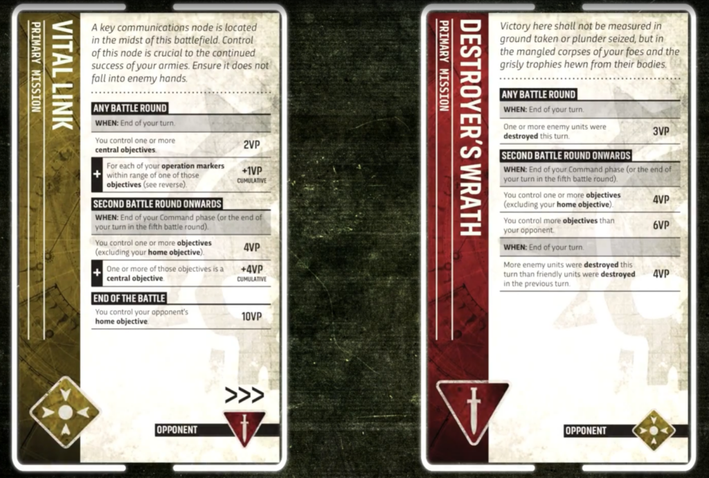 Two game cards side by side, labeled Vital Link (left) and Destroyer’s Wrath (right), showing battle objectives and stats text blocks.