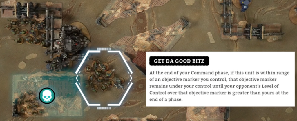 Top-down view of a miniature war game battlefield with a glowing hex targeting overlay and a skull icon, plus a large text panel explaining objective control.
