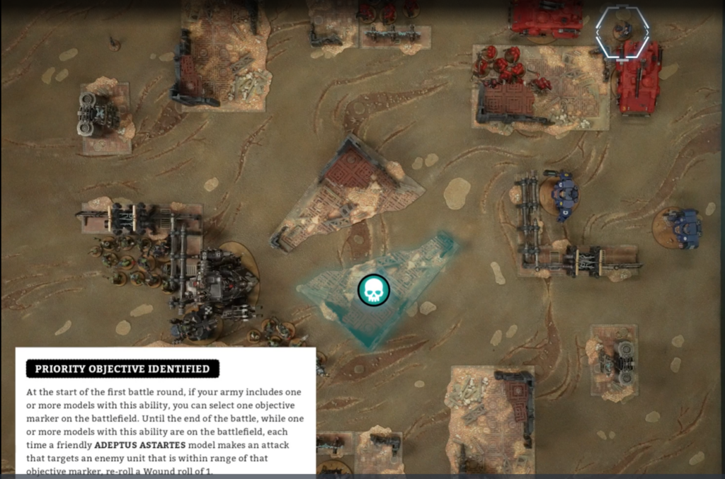 A tabletop wargame battle map viewed from above, with ruined structures, tanks, and trenches scattered across a dusty terrain and a glowing blue objective marker with a skull icon nearby.