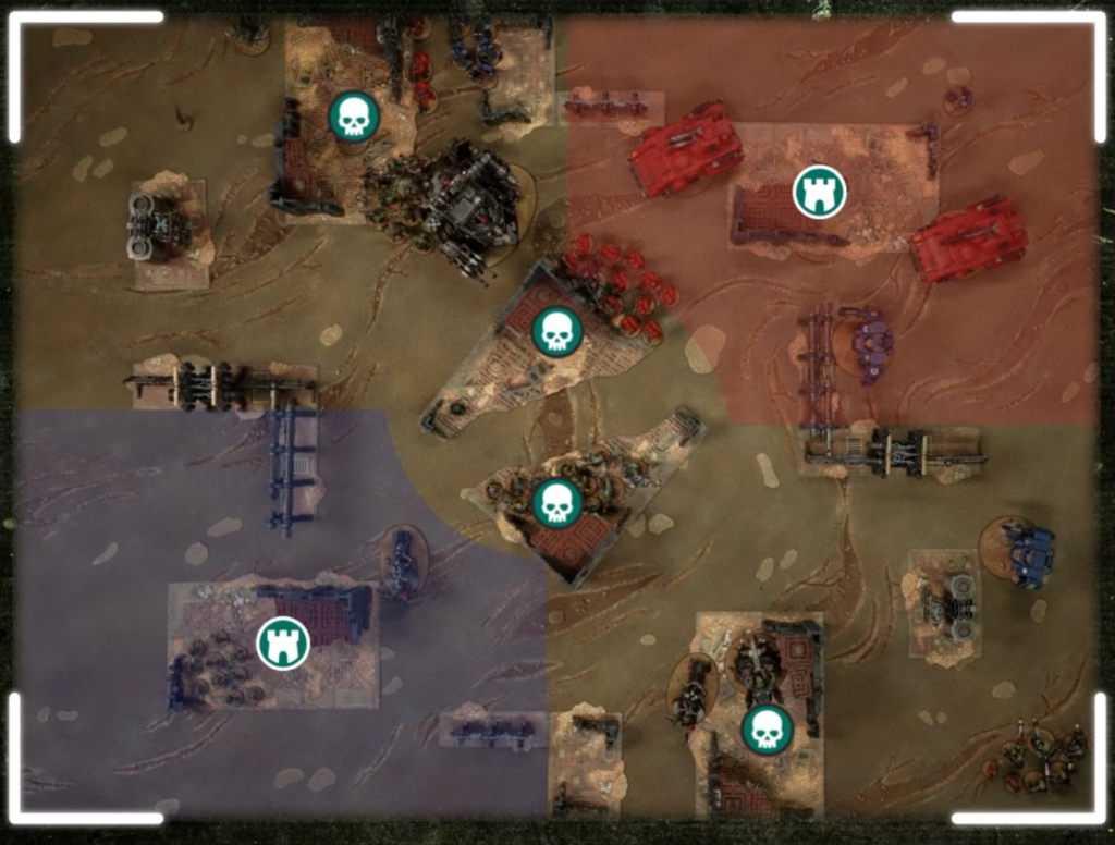 Top-down battle map with ruined structures, vehicles, and skull markers indicating enemy positions across red and blue zones.