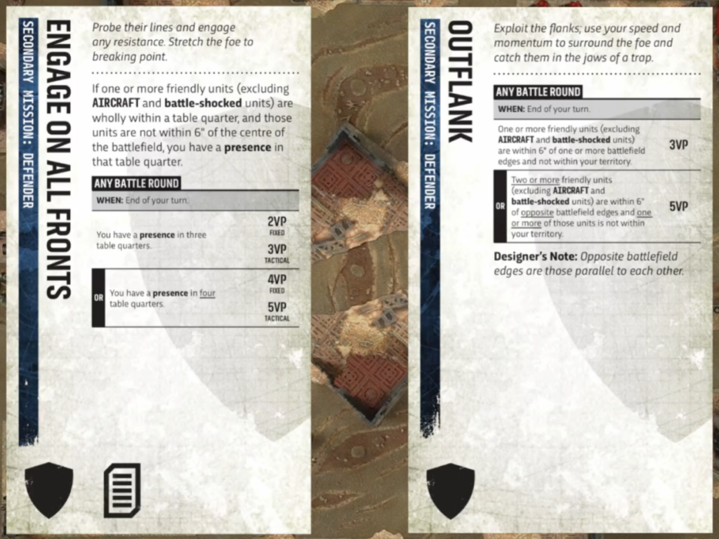 Two parchment-style rule cards titled 'Engage on All Fronts' and 'Outflank' laid side by side on a game board, with shield and card icons at the bottom and light textured background.