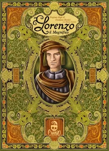 Cover art for the game Lorenzo il Magnifico, with the title at the top and a stern medieval man in robes framed by an ornate green‑gold border.