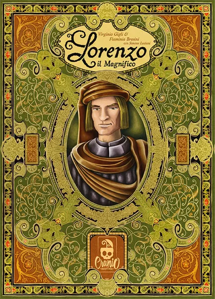 Cover art for the game Lorenzo il Magnifico, with the title at the top and a stern medieval man in robes framed by an ornate green‑gold border.