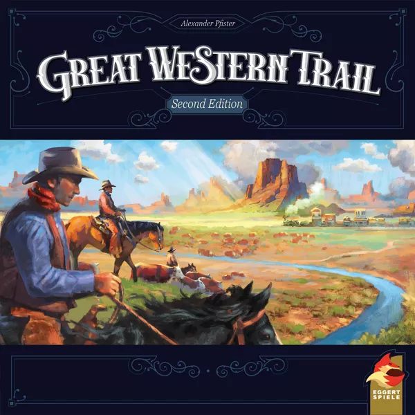 pic5988511 Frontline Gaming Cover art for Great Western Trail: Second Edition featuring cowboys on horseback along a winding river with desert mesas in the distance; title at top and Eggert Spiele logo bottom right.