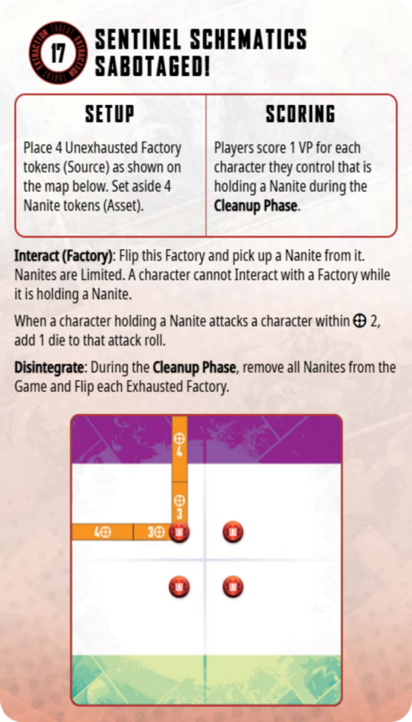 Game instruction card titled 'Sentinel Schematics Sabotaged!' with Setup and Scoring panels and a game board with tokens.