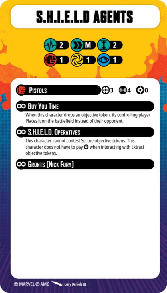 Card titled 'S.H.I.E.L.D Agents' with yellow-orange background and round ability icons, then sections for Pistols, Buy You Time, S.H.I.E.L.D Operatives, and Grunts (Nick Fury).