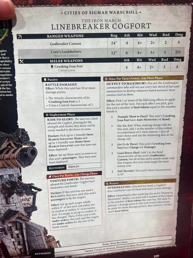 Rule sheet for Linebreaker Cogfort from Cities of Sigmar: lists weapons, stats, and abilities (Ranged and Melee).