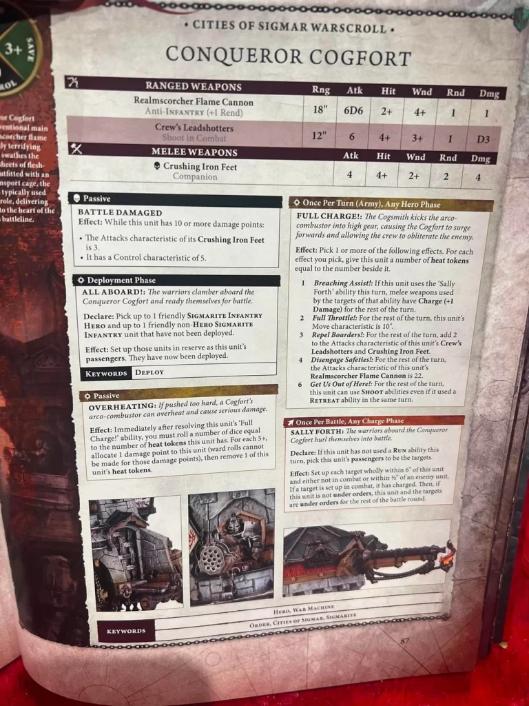 Page from a tabletop rulebook showing Conqueror Cogfort unit stats, weapon data, and ability boxes with table headers.