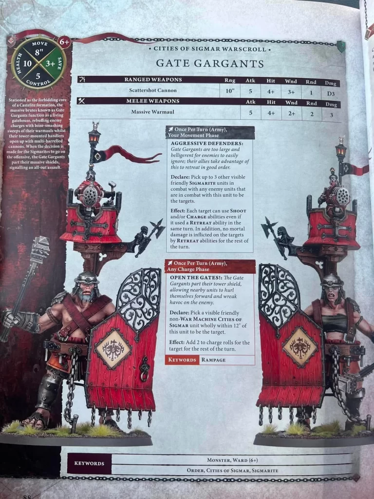 Two large red siege gargants with shields face off on either side of a game-page, surrounded by weapon stats and rule boxes titled 'Gate Gargants'.