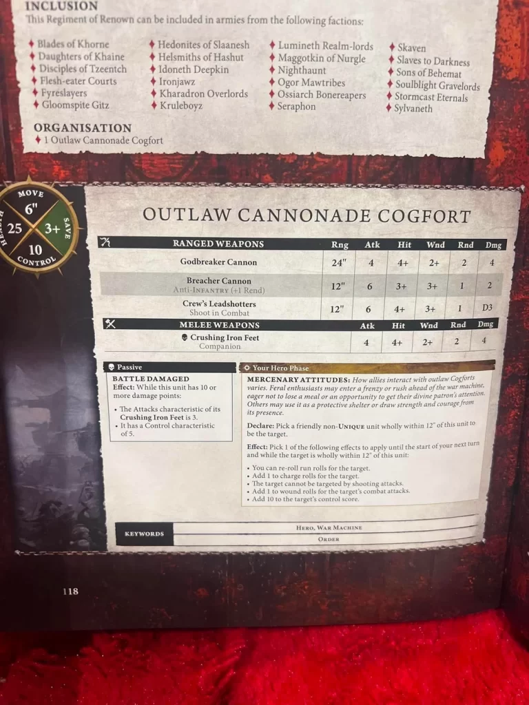 Rulebook page displaying Outlaw Cannonnade Cogfort weapon table, hero phase notes, and abilities (ranged/melee stats, passive, and mercenary attitudes).