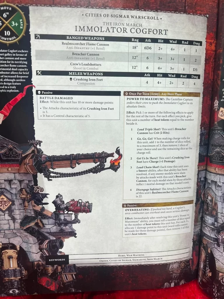 Page from a tabletop game rulebook showing the Immolator Cogfort unit card with ranged and melee weapon stats and abilities.