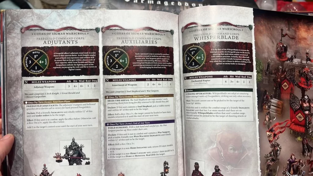 Three spread pages from a rulesbook showing unit columns: Adjuncts, Auxiliaries, Whisperblade with stat blocks and weapons notes, in a dusty game setting.