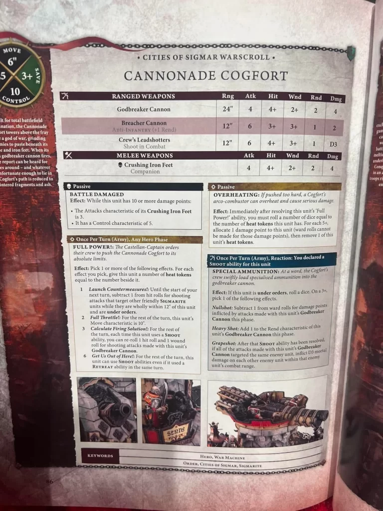 Rulebook page for Cannonnade Cogfort with ranged/melee weapon stats and rules boxes of a battle unit set.