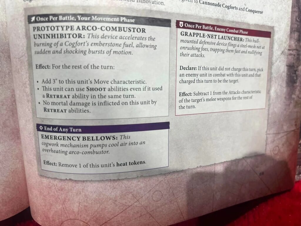 Page from a tabletop game rulebook showing ability texts for a unit and an enemy launcher, with sections and bullet effects visible.