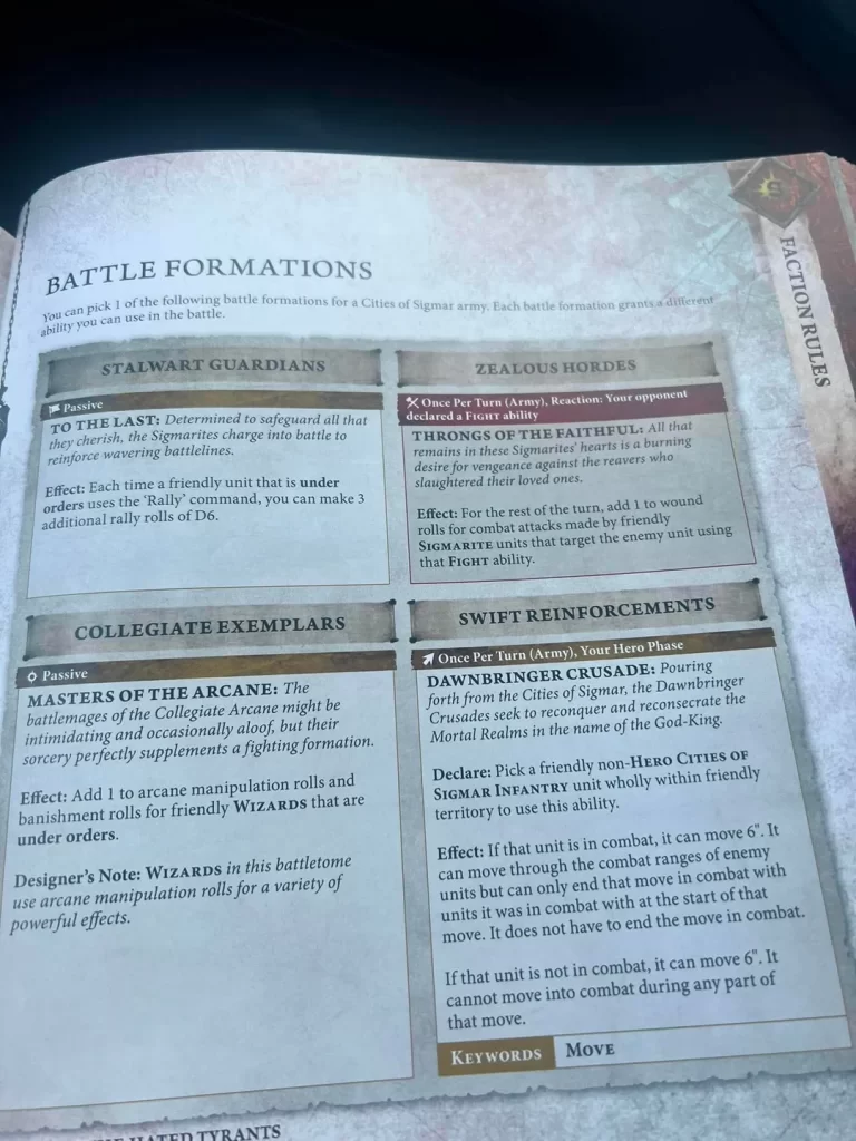 Page from a tabletop game rules book titled Battle Formations, showing four formations: Stalwart Guardians, Zealous Hordes, Collegiate Exemplars, and Swift Reinforcements with their descriptions.