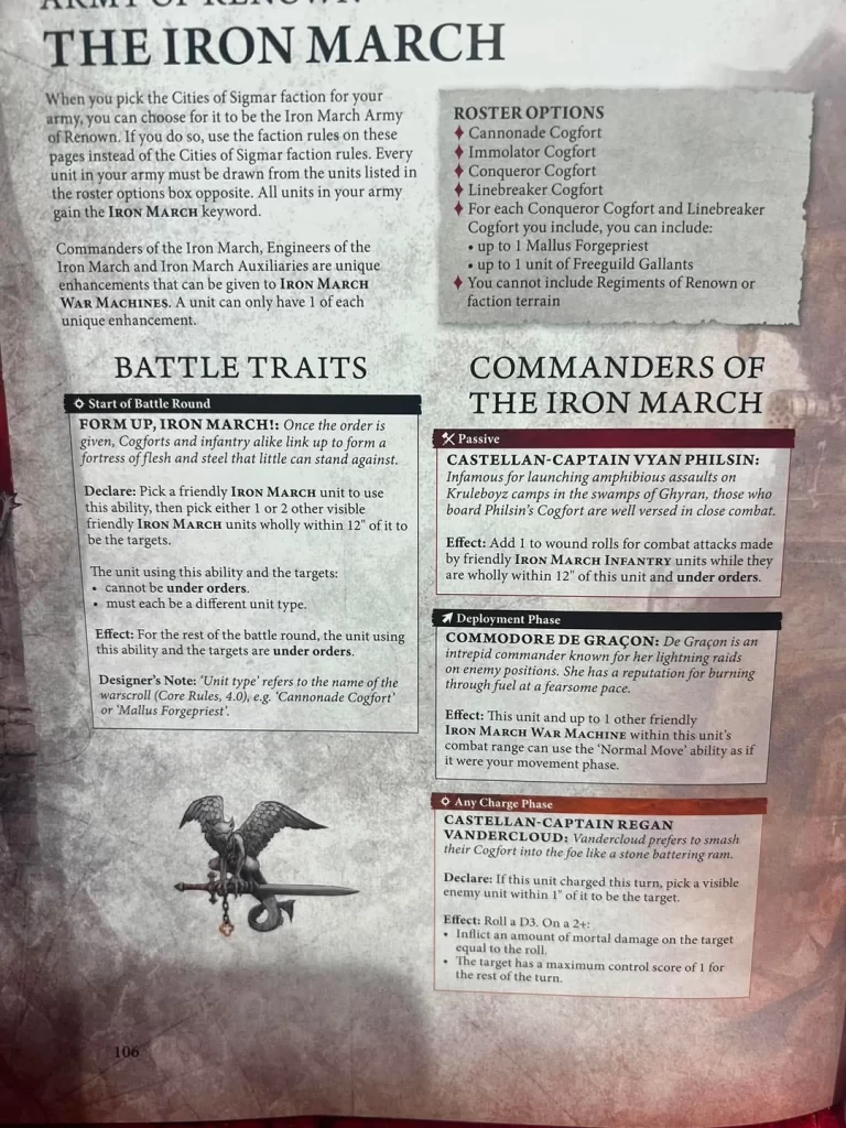 Rulebook page for The Iron March with sections on Roster Options, Battle Traits, and Commanders of the Iron March, plus a winged-sword emblem.