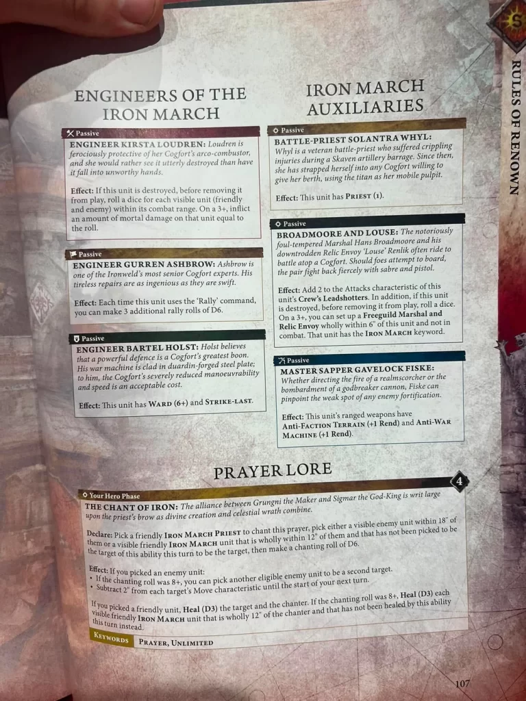 Page from a fantasy game rulebook showing sections like Engineers of the Iron March and Iron March Auxiliaries with unit boxes and effects text.