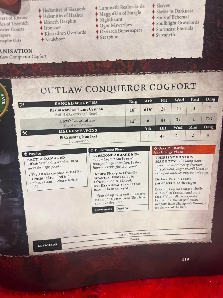 Page from a game manual showing the 'Outlaw Conqueror Cogfort' weapon table and rules sections for battles and deployment.