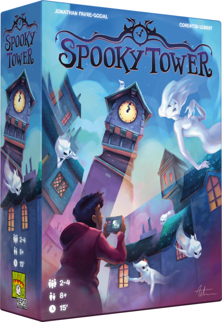 Box cover for 'Spooky Tower' showing a boy filming with a phone amid crooked clock towers and friendly white ghosts under a blue sky.