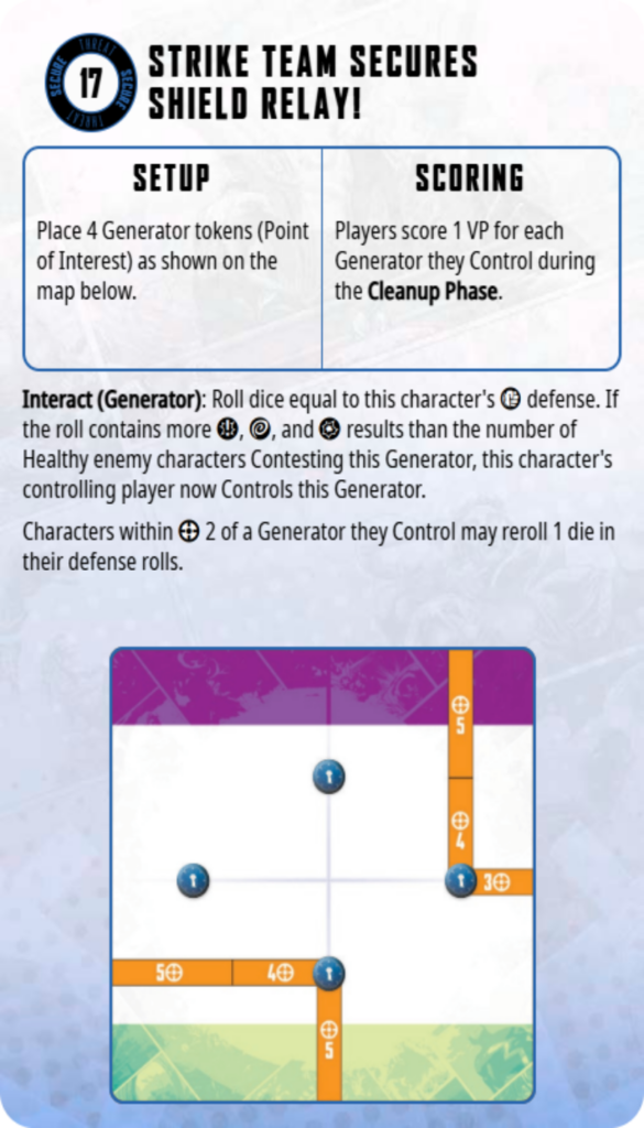 Instruction page for Strike Team Secures Shield Relay: Setup and Scoring panels; a game board with orange paths and blue tokens on a grid.