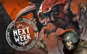 Promotional banner showing a dragon-like monster attacking soldiers with a bold 'NEXT WEEK' stamp and 'COMING SOON' ring in orange and dark tones.