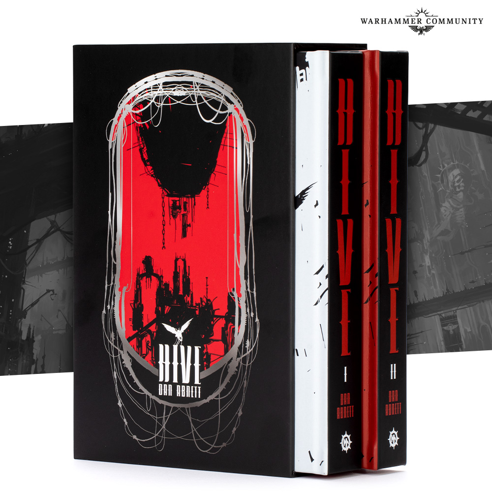 Three-volume boxed book set with black, red, and white covers, shown upright with the largest box at the front and red-edged spines behind, featuring a red central panel and abstract design.
