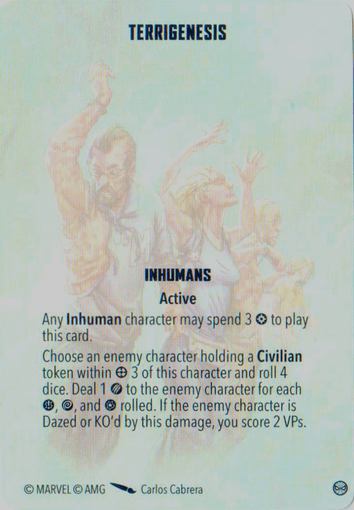 Card back titled Terrigenesis: Inhumans — Active, with rules about spending tokens and rolling dice.