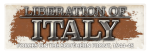 Historical banner graphic reading 'Liberation of Italy' with subtitle 'Forces on the Southern Front, 1944-45' against a brown paint-splatter background.
