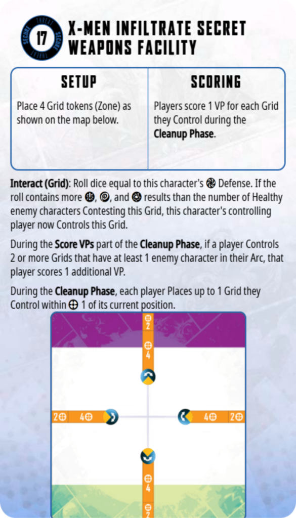 Instruction page for 'X-MEN INFILTRATE SECRET WEAPONS FACILITY' showing setup and scoring panels and a game board with orange tracks.