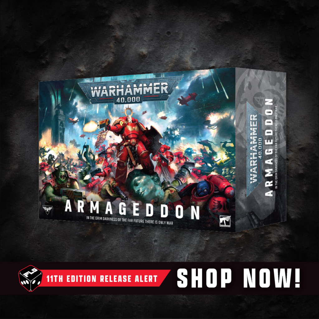 11thEDReleaseSquare3 Frontline Gaming Warhammer 40,000 Armageddon game cover with a dynamic battle scene on a dark background; bannered ad at bottom.