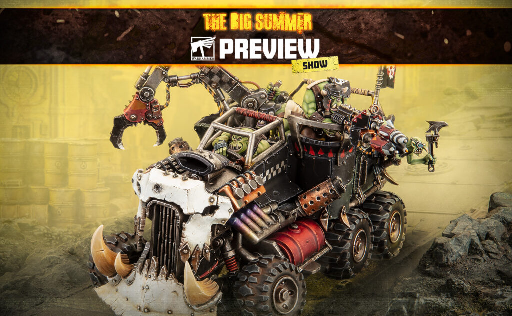 Orc war rig vehicle with spikes and weapons, driving through a dusty, yellow-tinted landscape under a banner that says The Big Summer Preview Show.
