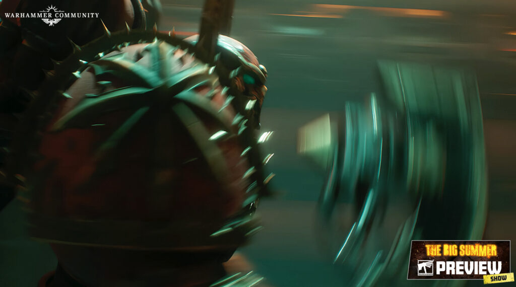 Close-up of a spiked armored figure in motion blur, with Warhammer Community logo in the top-left and a 'The Big Summer Preview Show' promo in the bottom-right.