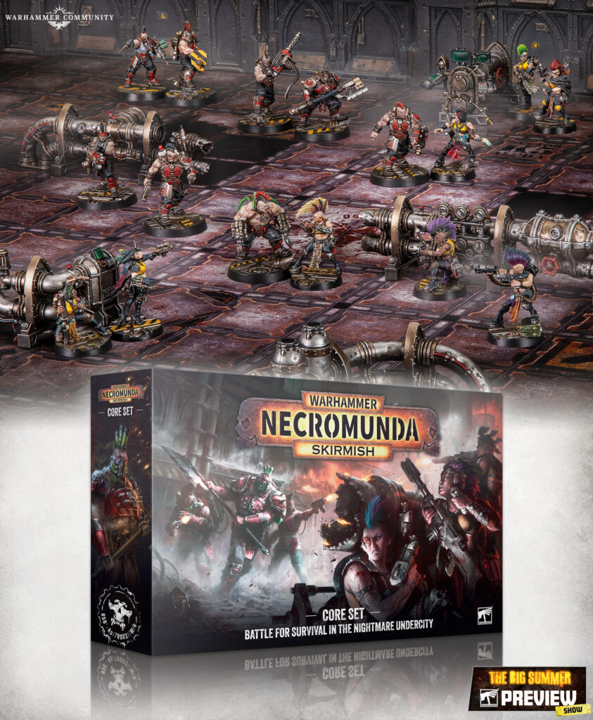 Tabletop scene of Warhammer Necromunda skirmish miniatures arranged on an industrial battle mat, with boxed set box and preview banner visible at the front.
