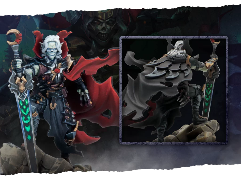 BlogInline1200x900Ashmael2 Frontline Gaming Dark fantasy warrior in spiked armor with a glowing green-edged sword and red cape, standing on rocks.