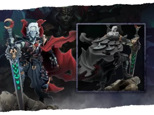 Dark fantasy warrior in spiked armor with a glowing green-edged sword and red cape, standing on rocks.