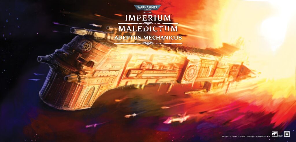 Promotional art for Warhammer 40,000: Imperium Maledictum – Adeptus Mechanicus, featuring a colossal warship blazing through a fiery orange-yellow space backdrop.
