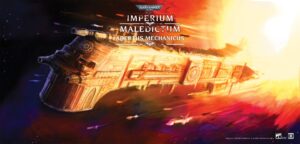 Promotional art for Warhammer 40,000: Imperium Maledictum – Adeptus Mechanicus, featuring a colossal warship blazing through a fiery orange-yellow space backdrop.