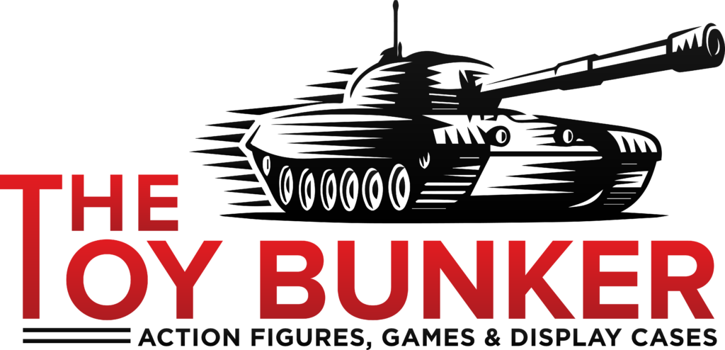 Logo for The Toy Bunker: a black tank silhouette above bold red 'THE TOY BUNKER' with a dark gray tagline underneath.