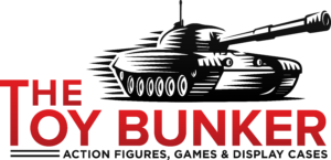 Logo for The Toy Bunker: a black tank silhouette above bold red 'THE TOY BUNKER' with a dark gray tagline underneath.