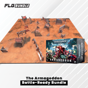 Warhammer 40,000 Armageddon Battle-Ready Bundle on an orange game board with ruined terrain pieces and a boxed set in the corner, FLG Bundle logo top-left.