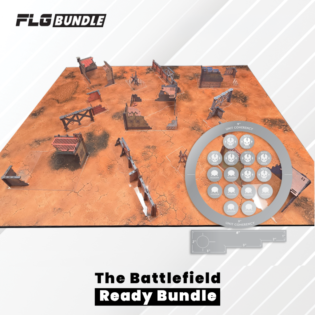Pyrewastewebcart1 21 Frontline Gaming Desert tabletop battlefield with ruined structures and a large circular unit grid for the Battlefield Ready Bundle.